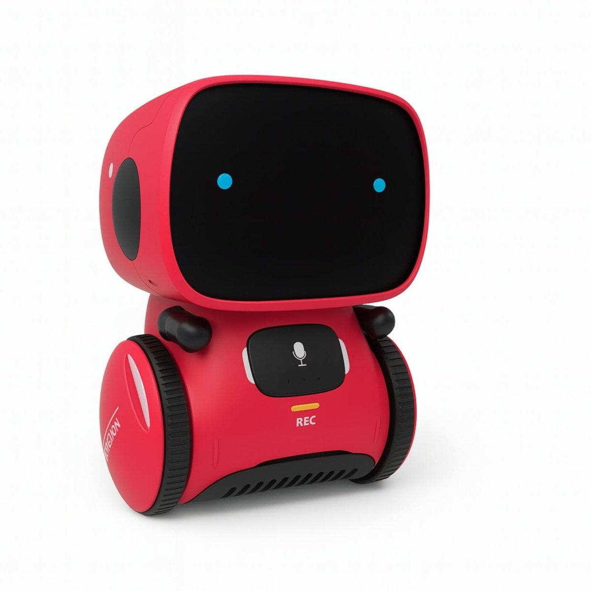 A bright red Kouvr Fashion  interactive dancing robot with blue digital eyes, shown on a white background.