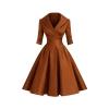 Product-only image of the Kouvr Fashion jenner brown shawl collar midi dress on a white background, showing the pleated skirt and surplice neckline.
