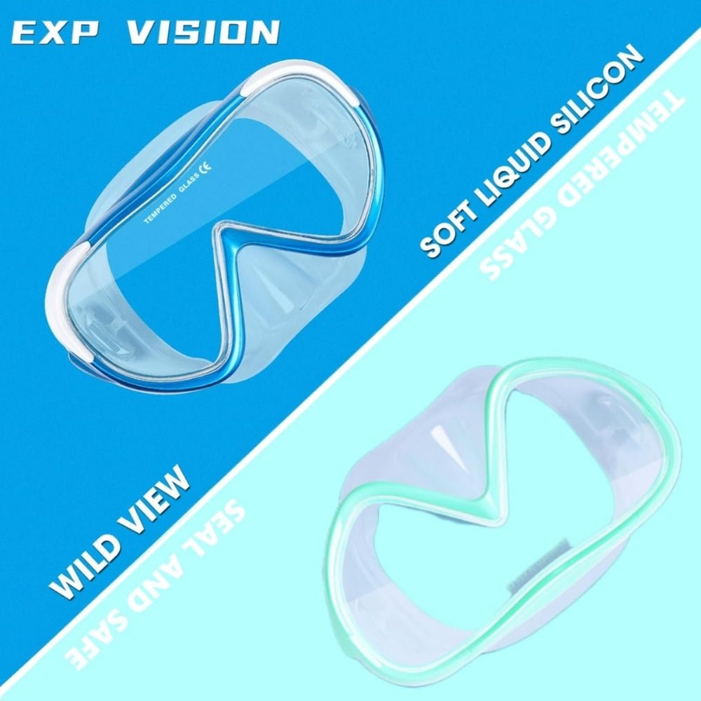 anti-leak," "panoramic view," "ocean exploration," "pool swimming," "beach vacation essential," "comfortable fit," and "easy breathing
