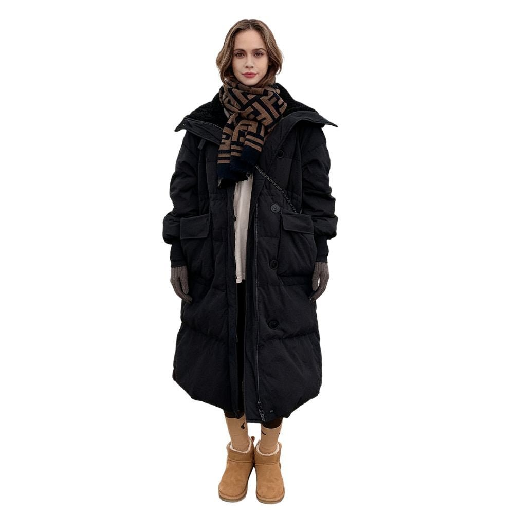 Model wearing the women's long black hooded down puffer coat