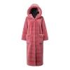 Flat lay product shot of the pink faux fur hooded coat, showing the satin lining inside the hood.