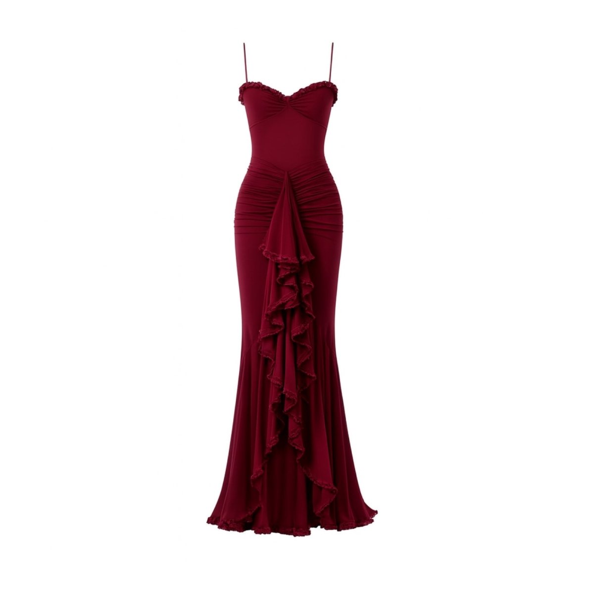 Maroon kouvr  evening gown with ruffled details on a white background