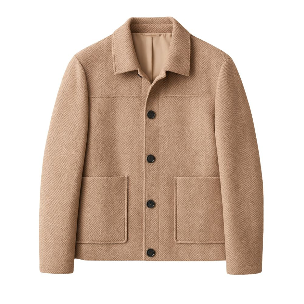 A man wearing the Kouvr Fashion khaki herringbone wool jacket over a white turtleneck, showcasing a smart casual look