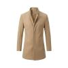 Front product shot of the men's khaki stand collar wool coat by Kouvr Fashion on a white background.