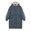 Product shot of the Kouvr Fashion Meridian long quilted down parka in slate dark blue, laid flat to show front details and pockets.