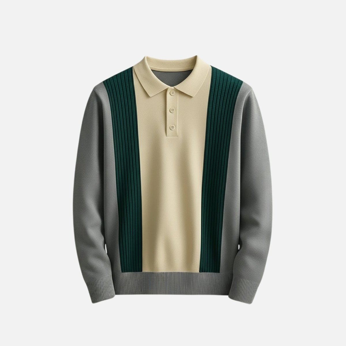 Flat lay product shot of the front of the Kouvr Fashio grey leandro knit polo with three-button placket.

