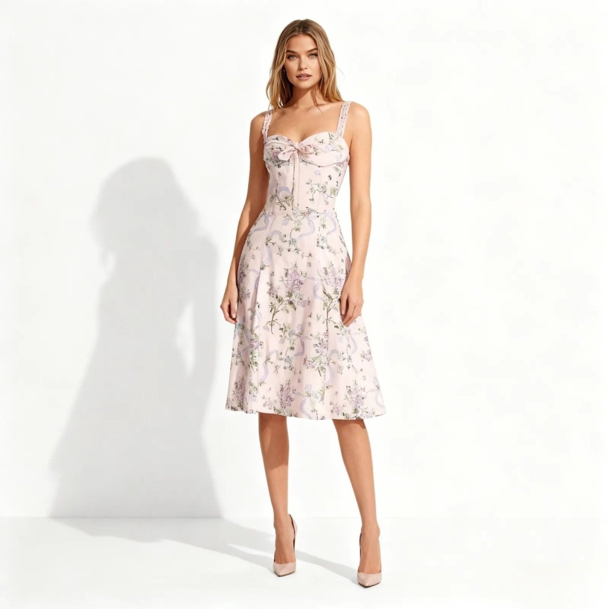 Woman wearing a pink floral dress on a white background