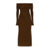 Model wearing Kouvr Fashion long sleeve off-the-shoulder brown sequin formal gown