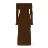 Model wearing Kouvr Fashion long sleeve off-the-shoulder brown sequin formal gown