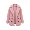 Flatlay of the open pink teddy coat, displaying the double-breasted button detail and the smooth, color-matched satin lining.