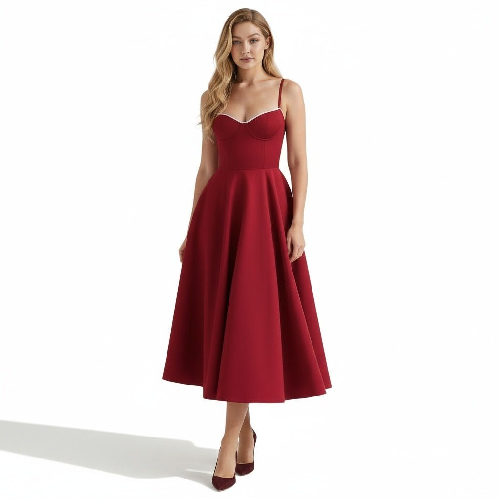 Model wearing Kouvr Fashion red bustier midi dress with sweetheart neckline, front view