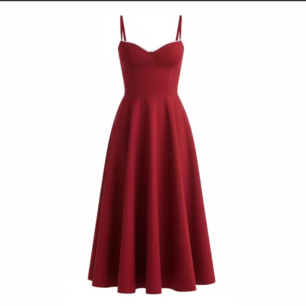 Model wearing Kouvr Fashion red bustier midi dress with sweetheart neckline, front view.