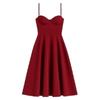 Model wearing Kouvr Fashion red bustier midi dress with sweetheart neckline, front view.
