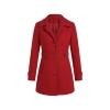Product flat lay of a women's red single-breasted wool coat with notch lapels and tortoiseshell buttons.