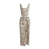 Flatlay of the Rona floral corset top and draped skirt set by Kouvr Fashion, showing the front design details of both pieces.