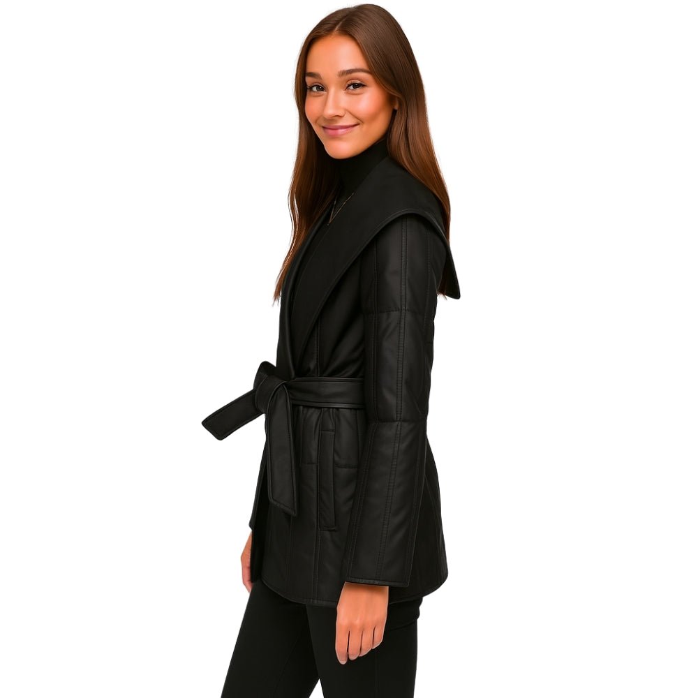 Italian wool, quilted sleeves, designer outerwear, midi-length coat, investment piece, timeless jacket.
