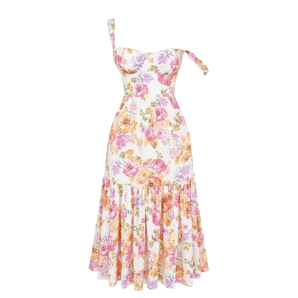 Flatlay product shot of the front of The Persephonefloral bustier midi dress by Kouvr Fashion.
