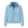 Model wearing the Kouvr Fashion men's sky blue shearling-lined aviator jacket