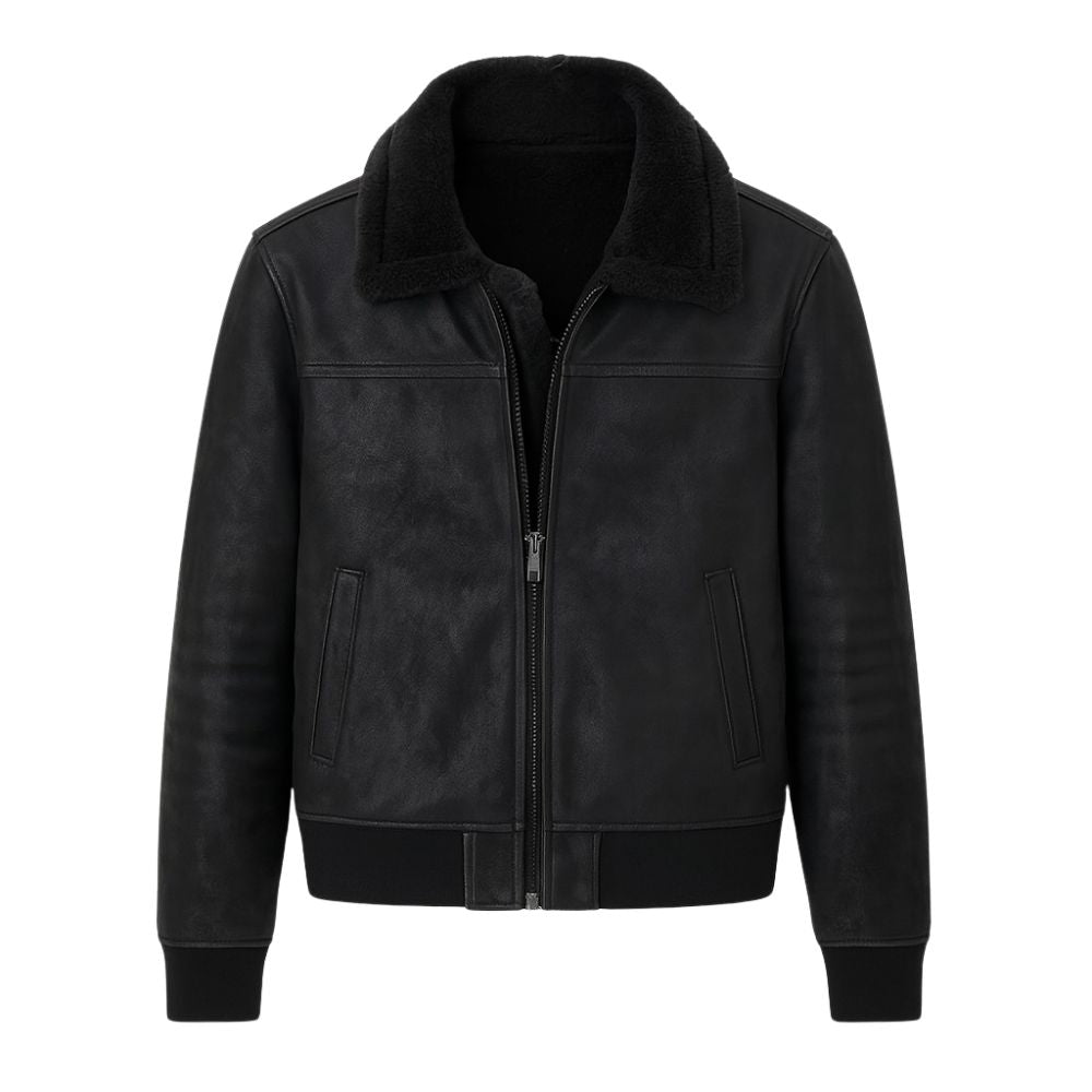 Black kouvr leather jacket with fur collar on a white background