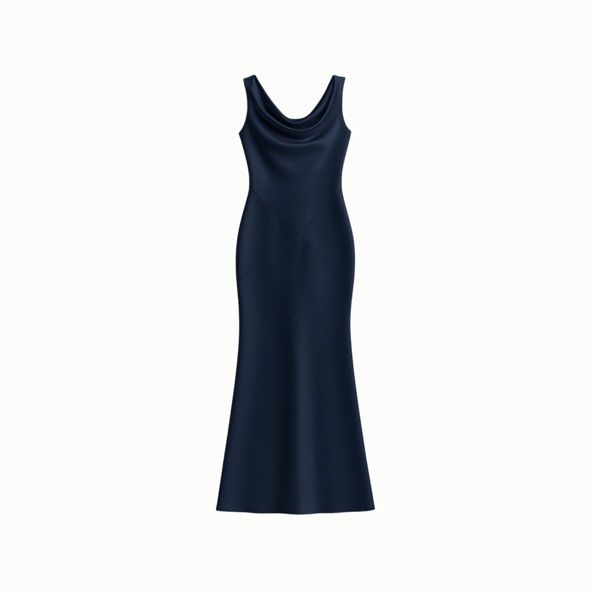 Flat lay product shot of the navy satin Vickie Gown, detailing the cowl neck and intricate seam work.

