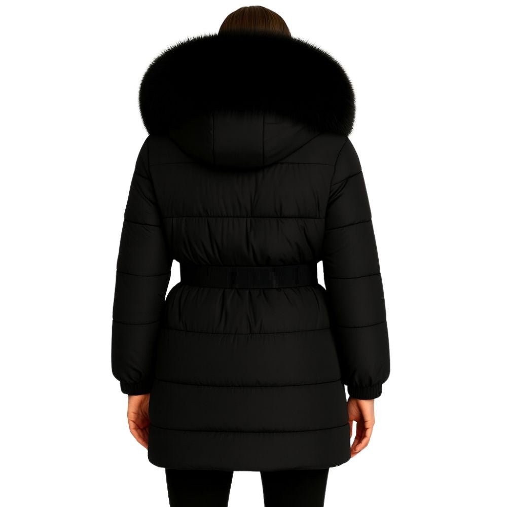 Model wearing Kouvr Fashion belted down puffer coat with oversized white fox fur hood
