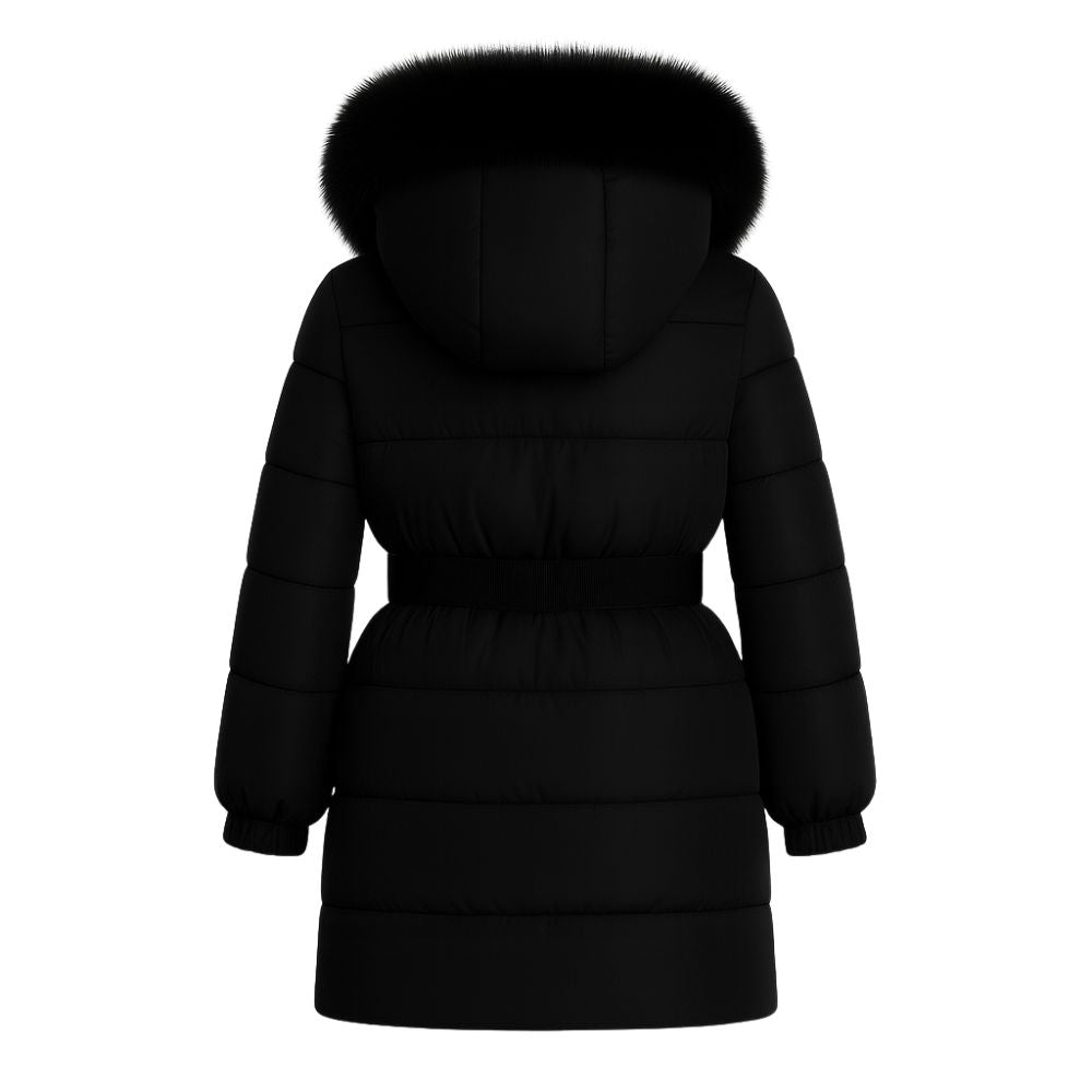 Model wearing Kouvr Fashion belted down puffer coat with oversized white fox fur hood
