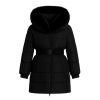 Model wearing the Kouvr Fashion long black belted down puffer coat with a large black fox fur ho
