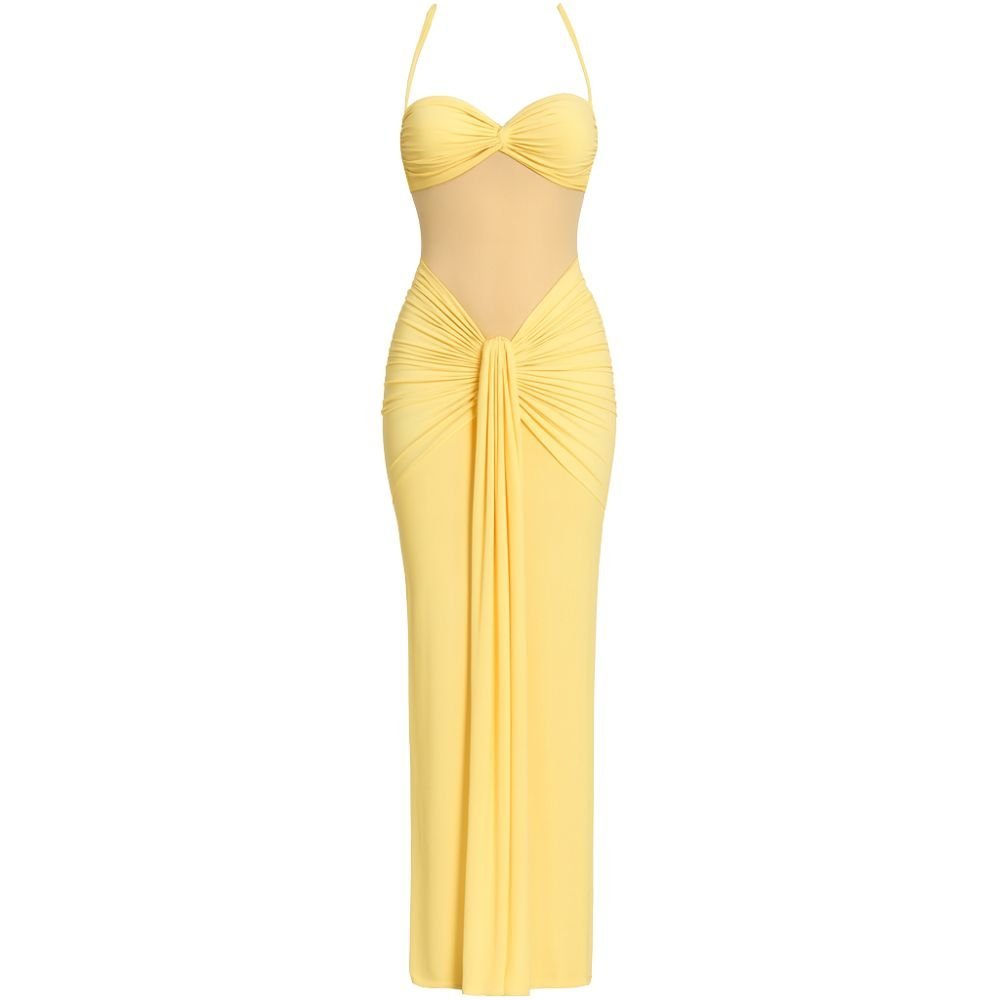 Yellow kouvr evening gown with a strapless top and open back on a white background