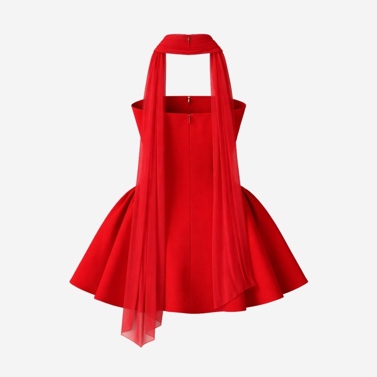 Back product shot of a red strapless mini dress showing the zipper detail and the sheer silk chiffon scarf draping from the neckband.