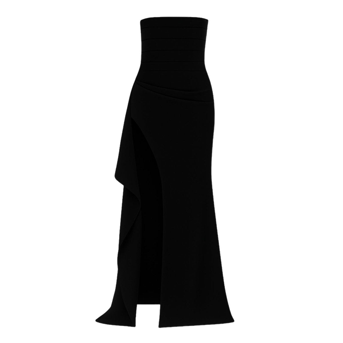 Black kouvr strapless gown with a draped design on a white background