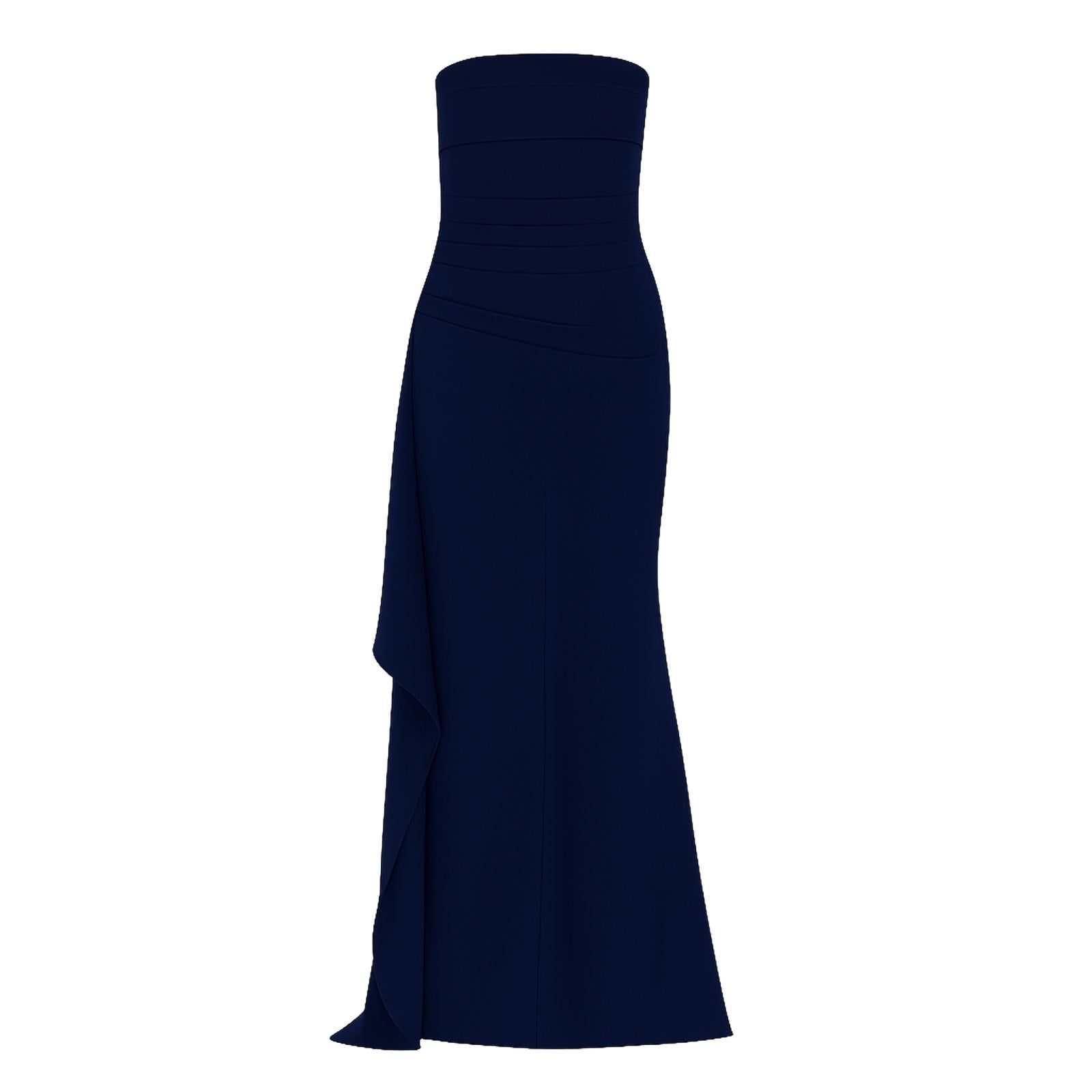 Model wearing the Kouvr Fiora navy blue strapless formal gown with a high thigh slit, front view.