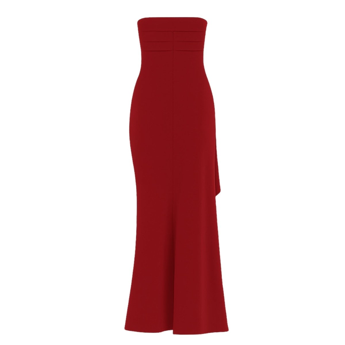 Red kouvr strapless gown on a white background