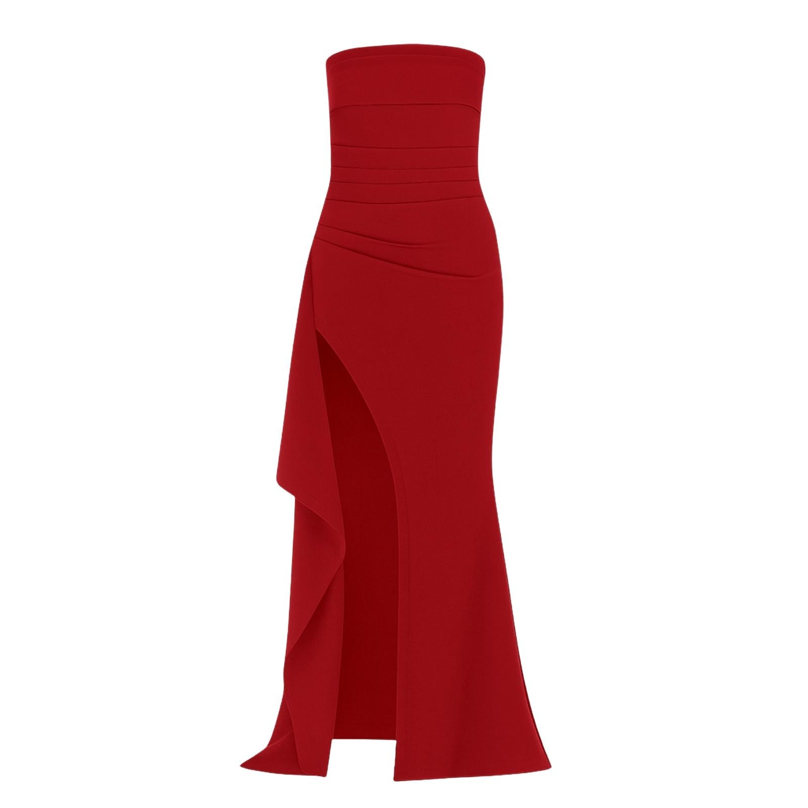 Model wearing the Kouvr Fiora red strapless formal gown with a high thigh slit, front view