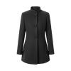 Product-only studio shot of the Kouvr dark grey funnel neck coat, showing detail of the three-button closure, high collar, and textured wool fabric.