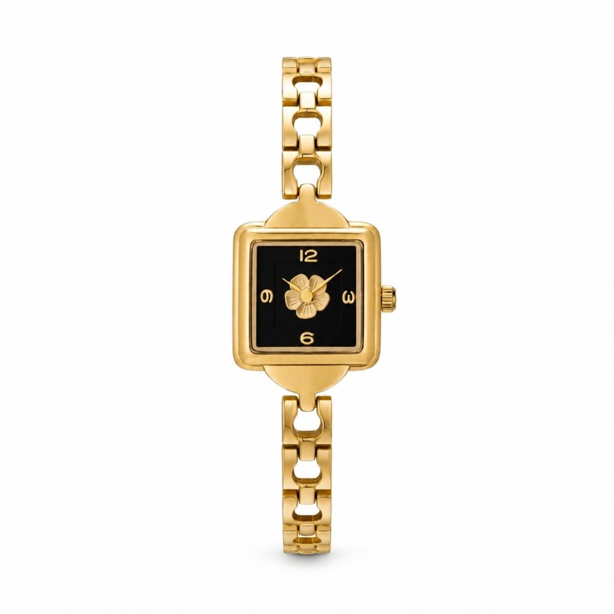 Front view of Kouvr women's gold watch highlighting the black dial, gold flower center, and numeric markers
