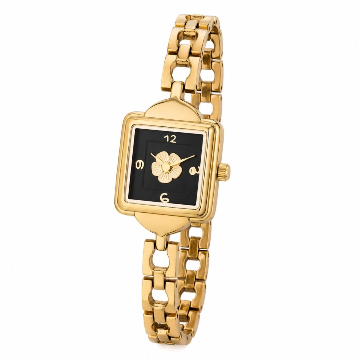 Angled view of Kouvr gold square watch showing the slim stainless steel case profile and polished chain links