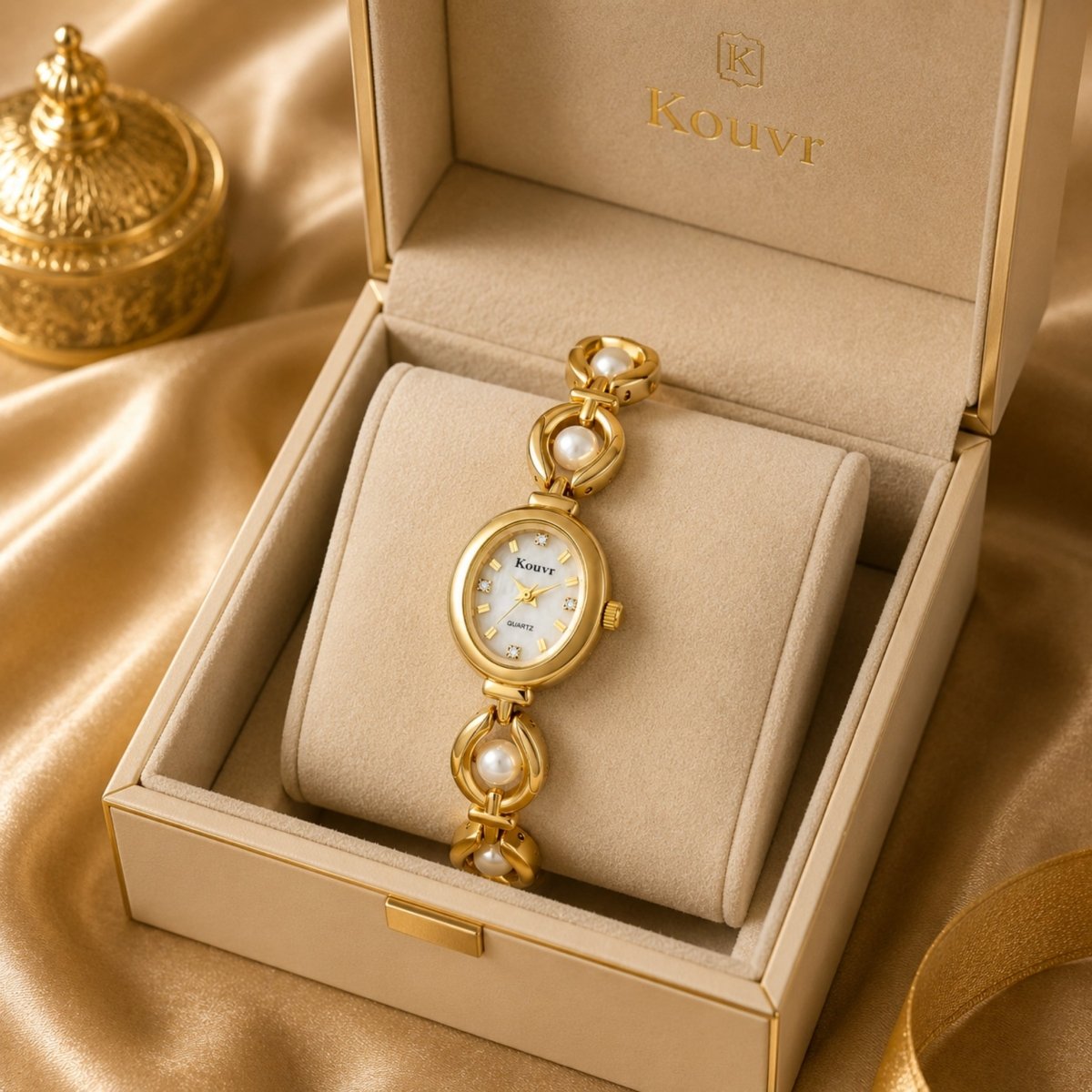  Kouvr gold tone pearl watch displayed in a premium beige velvet-lined jewelry gift box on gold silk.