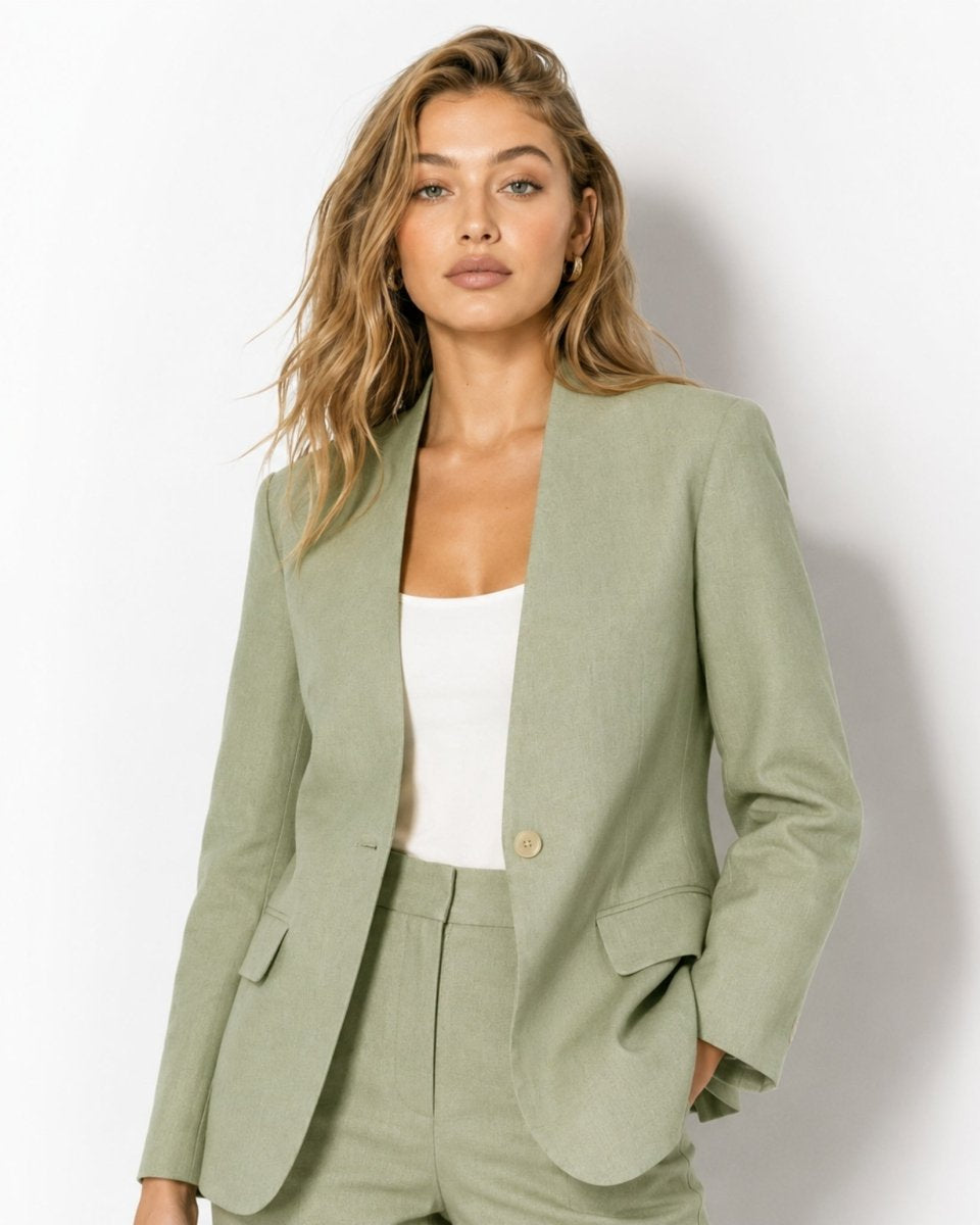Woman wearing Kouvr green linen collarless blazer with matching trousers