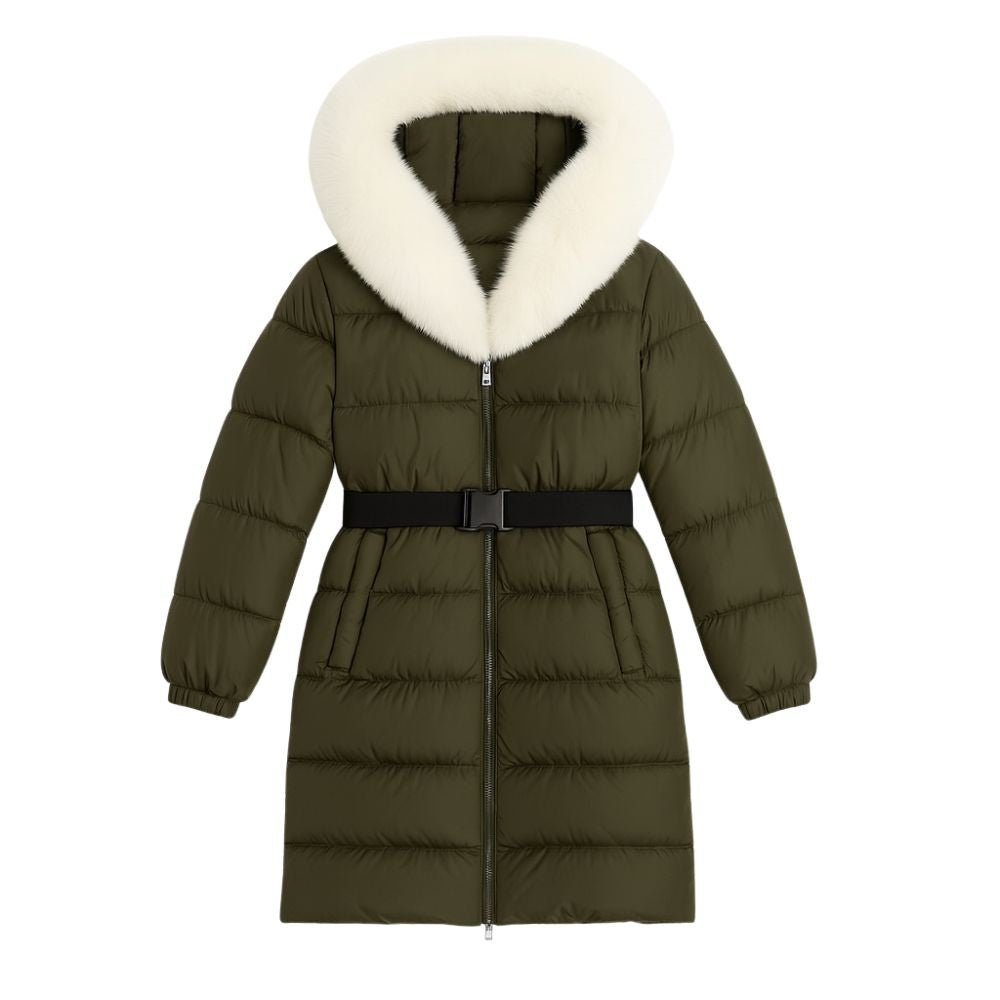 Model wearing Kouvr Fashion belted down puffer coat with oversized white fox fur hood