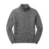 Flat lay studio shot of the Kouvr men's quarter-zip sweater in grey, detailing the marled knit pattern and zip hardware.