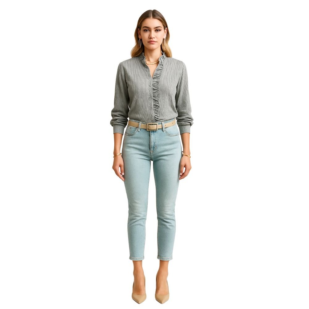 Model wearing the Kouvr Fashion Ruffle Neck Blouse, tucked into high-waisted light-wash jeans