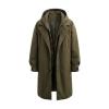 Studio product shot of the army green Kouvr Hartley  parka open, revealing the interior lining and button placket.