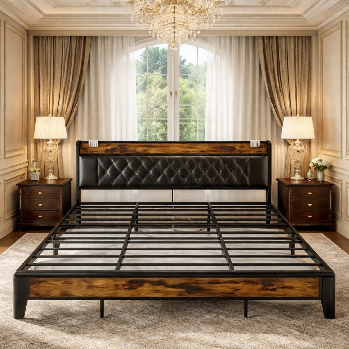 The Kouvr bed frame without a mattress, highlighting the durable black metal construction and supportive steel slat system.
