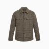 Front view flat lay of the Kouvr designer men's shacket, detailing the brown and black houndstooth pattern, chest pockets, and buttons.