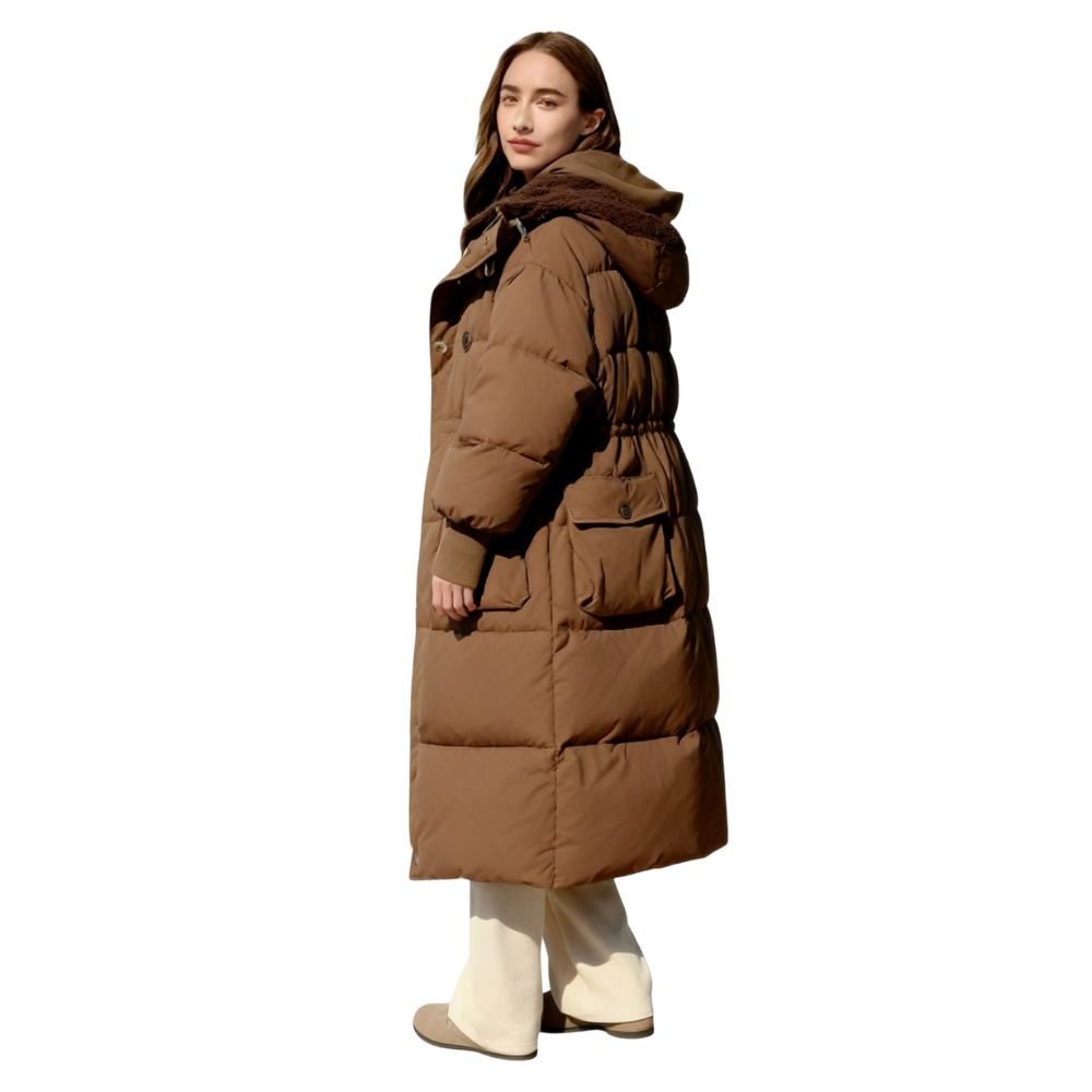 Model wearing the women's long black hooded down puffer coat