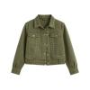 Flatlay product photo of the front of the Kouvr Fashion army green studded western jacket on a white background.