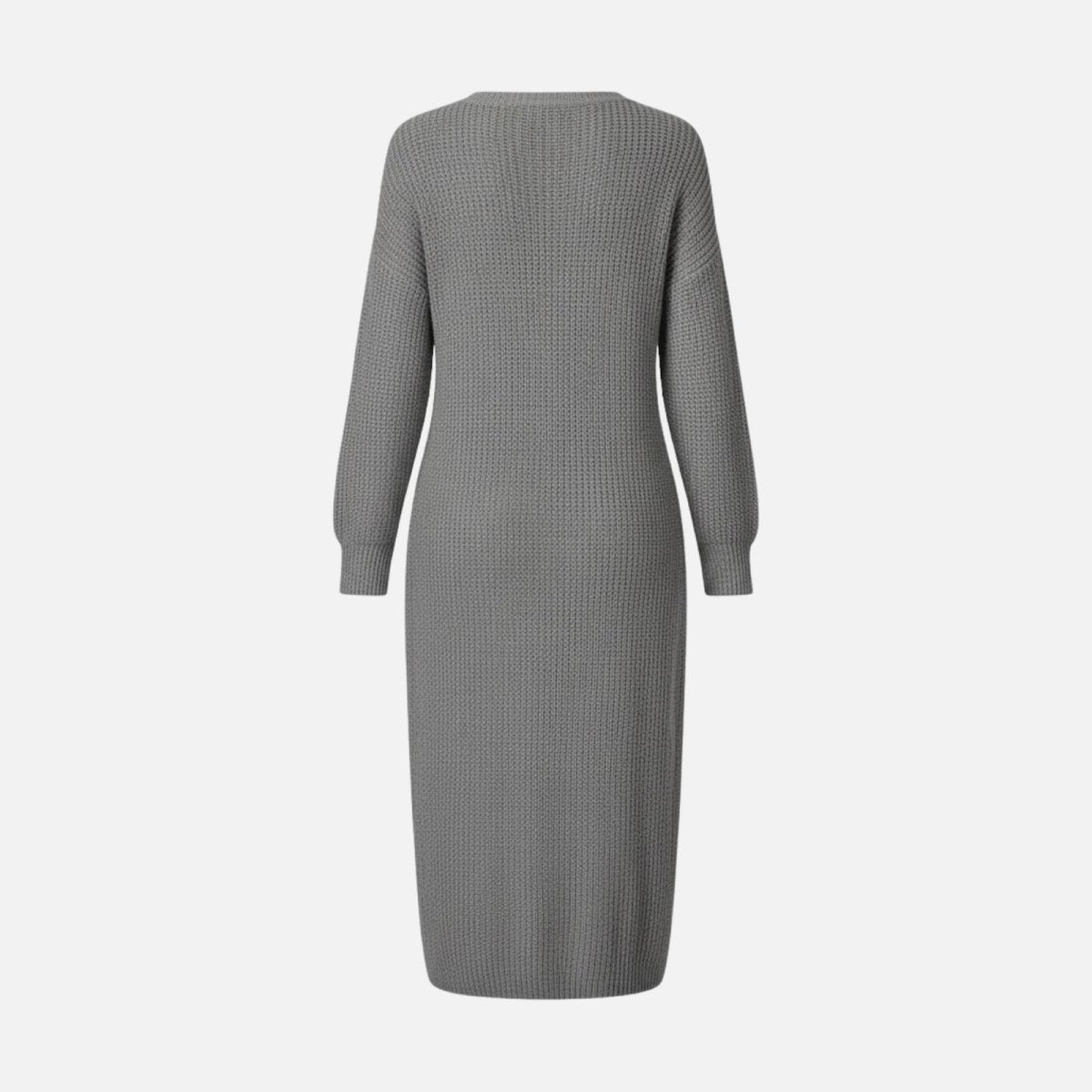 Flatlay product shot of the back of a simple grey midi-length knit pullover dress.