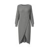 Flatlay product shot of the front of a grey long sleeve sweater dress with a wrap design.
