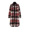 Flatlay product shot of the Janet long plaid shacket, buttoned up, showing the full length, chest pockets, and red and black pattern against a light grey background.