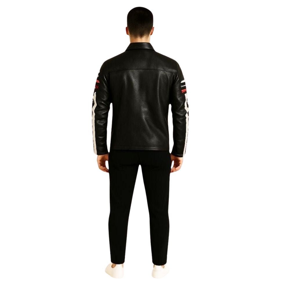 Man wearing a black kouvr leather jacket with white stripes on sleeves against a white background